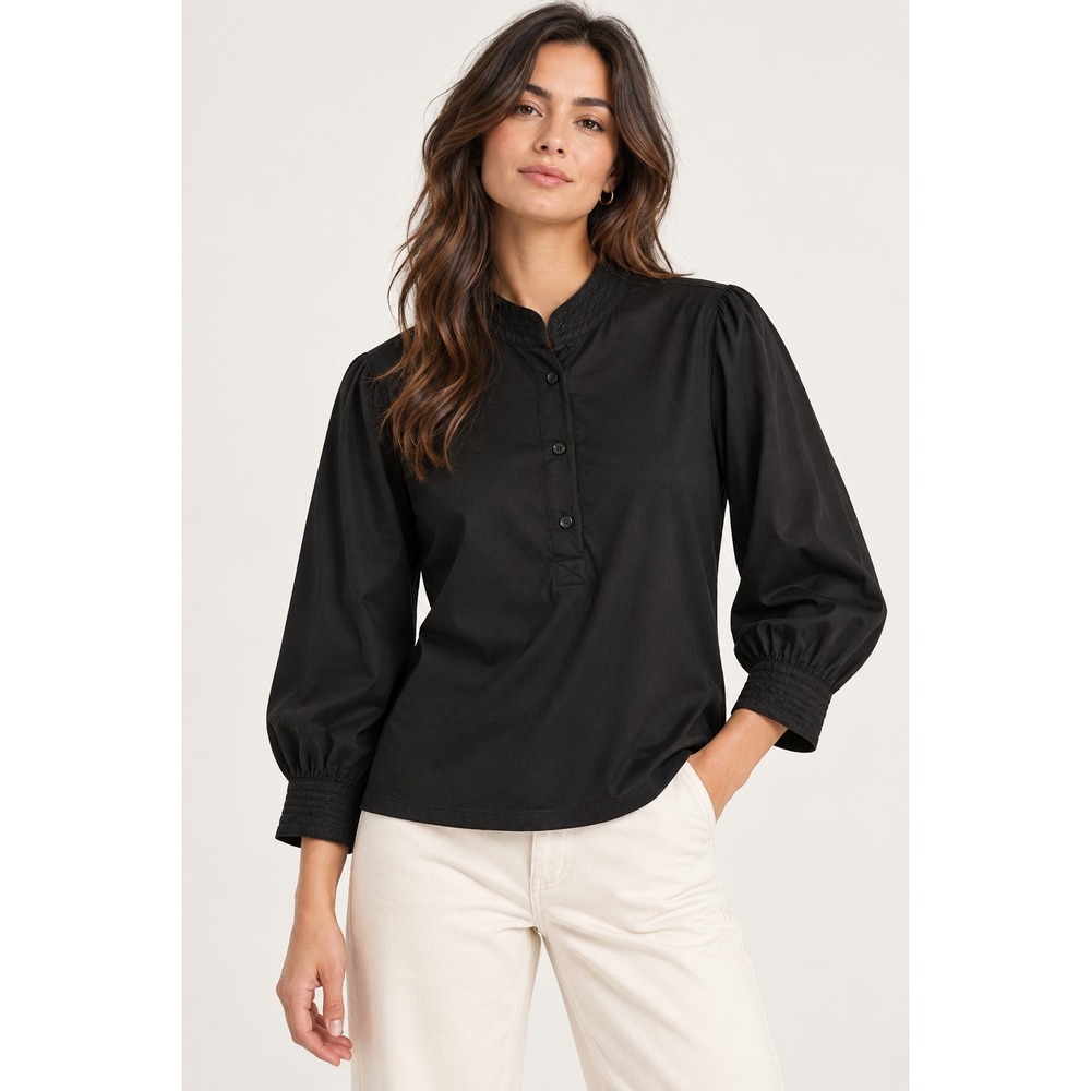 Banana Republic Womens Blouse Large Black Puff Sleeve Band Collar Office Chic